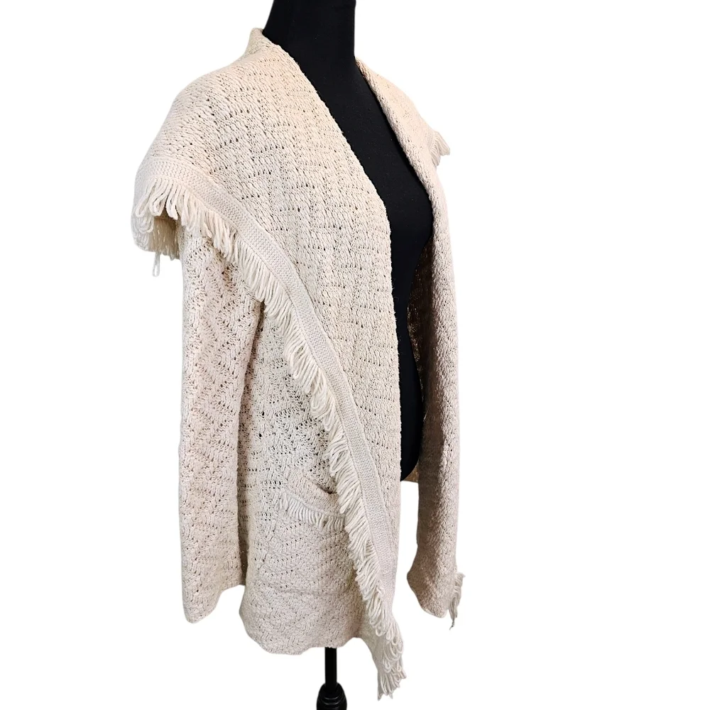 Angel of the North Fringe Cardigan Ivory Knit Boho Chevron Open Front Sweater M